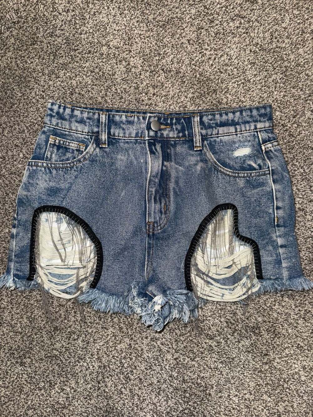 POL Denim Shorts Size M Blue Distressed Crystal Fringe Cutoffs
